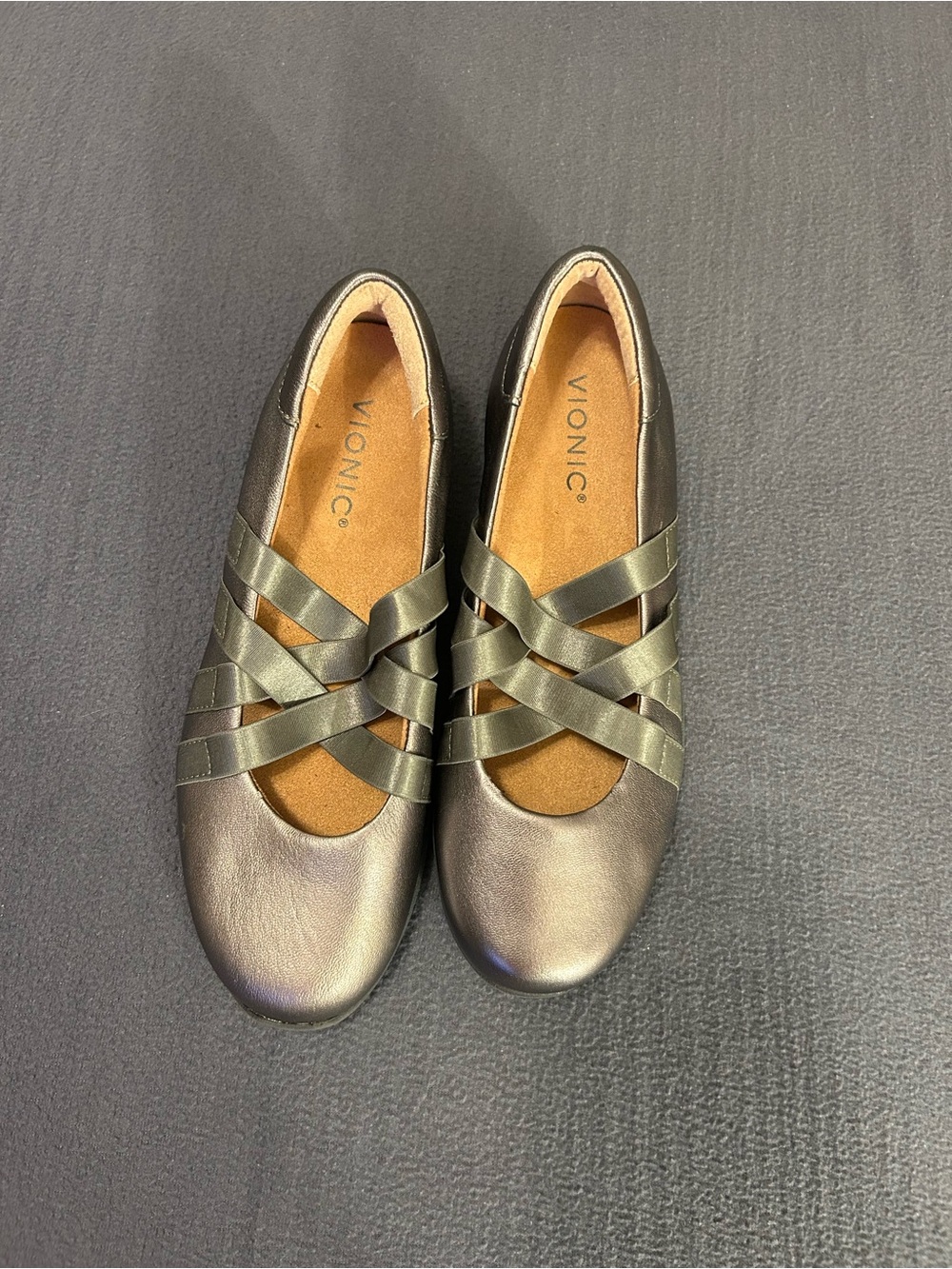 Vionic Metallic Pewter Crisscross Ballet Flats